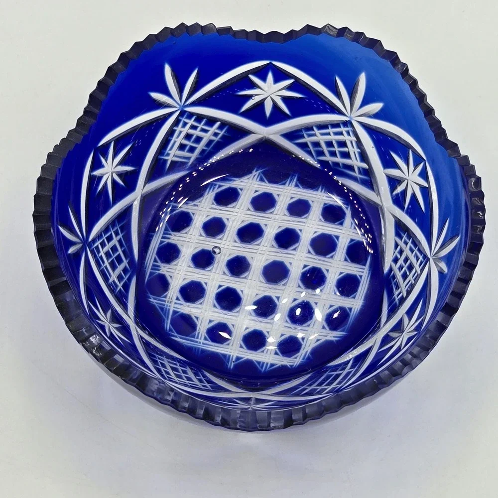 Vintage Bohemian cobalt cut to clear crystal mini bowl Antique Art Deco